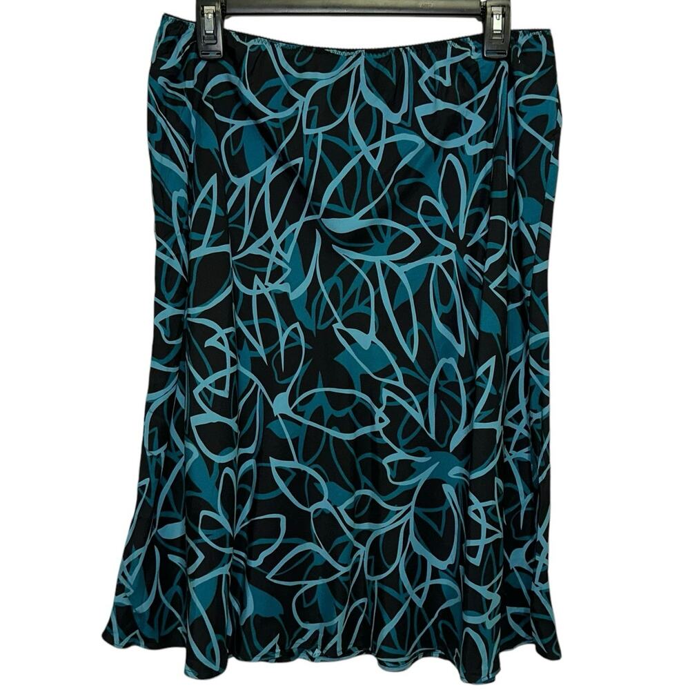 Amanda Smith Silk Skirt Large Teal Black Floral Knee Length Flowy